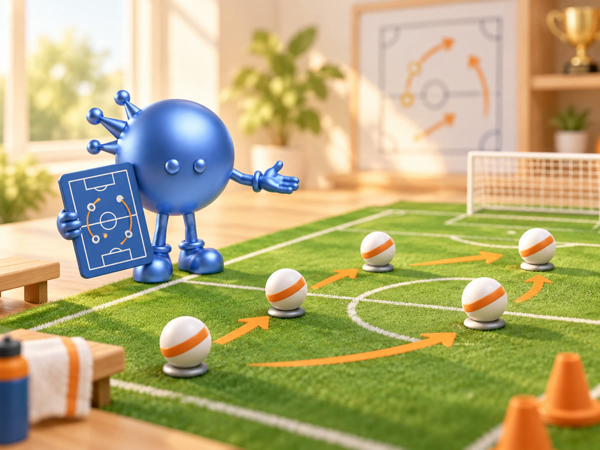 Abby coaching five AI football players with a tactics board