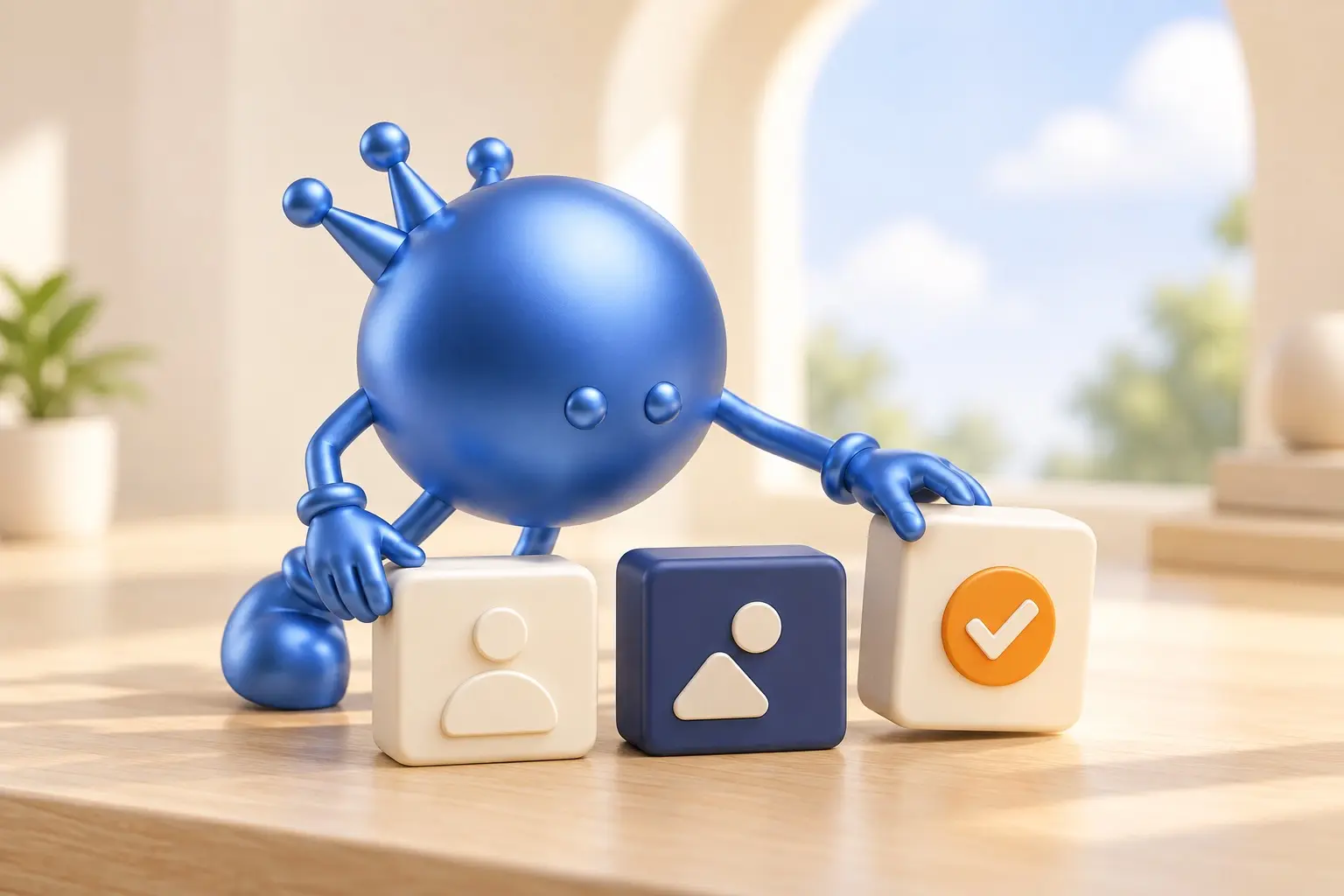 Abby arranges person, image and checkmark icon blocks on a desk.