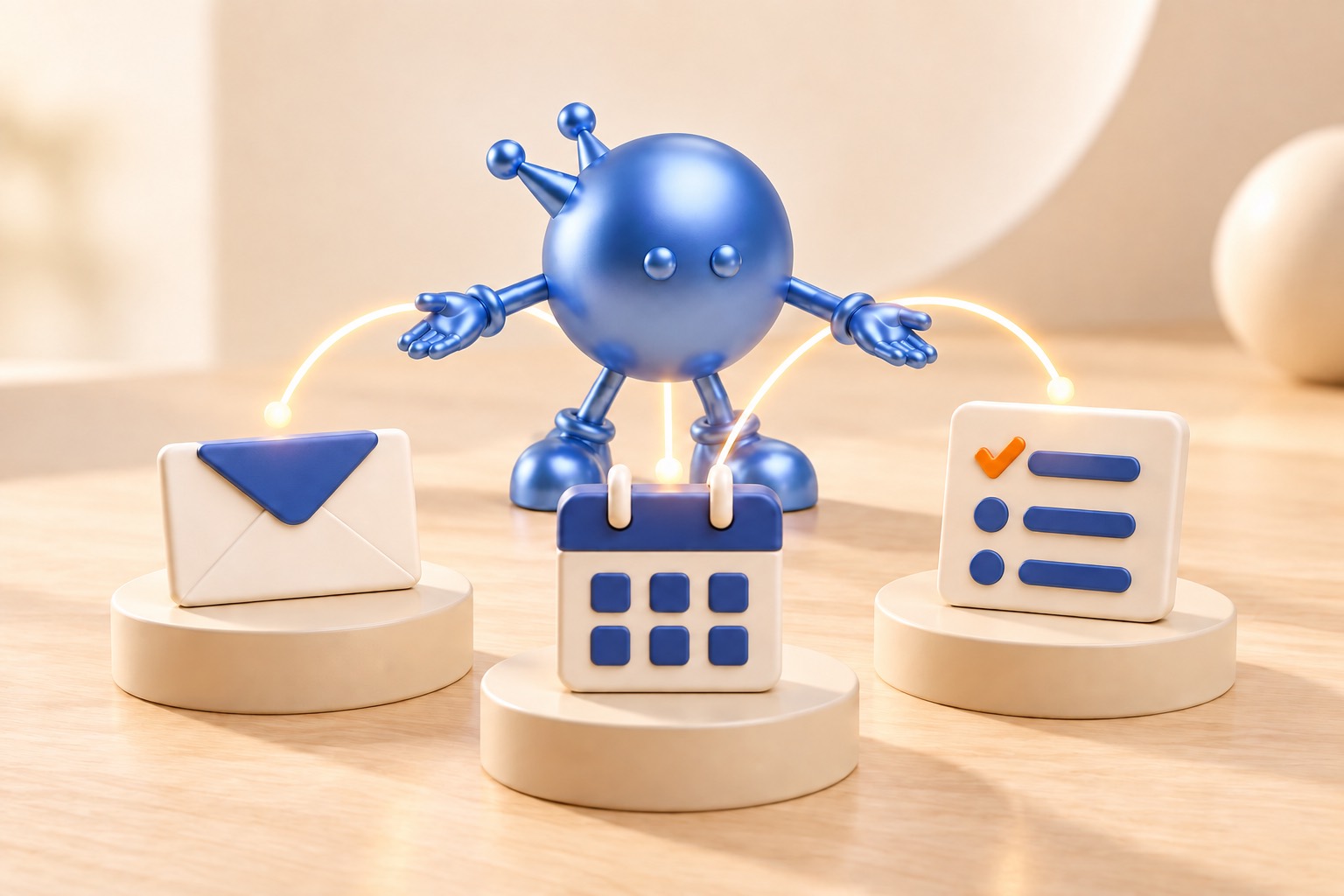 Abby connects envelope, calendar and checklist icons on a desk.