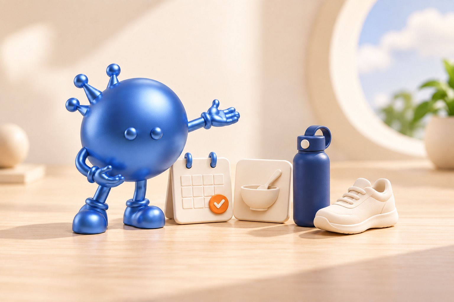 Abby stands beside calendar, bowl, water bottle and walking shoe icons.